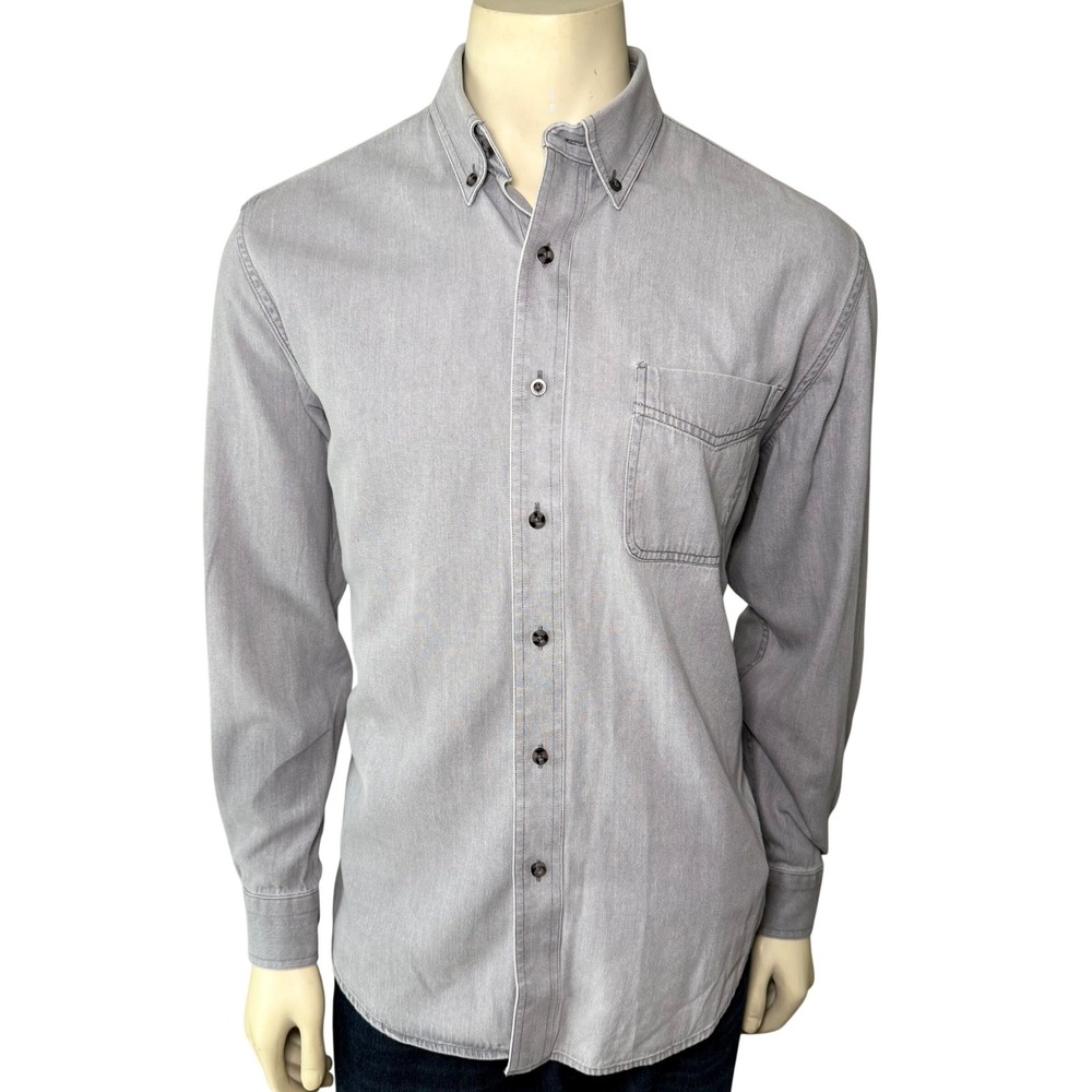 Croft & Barrow Denim Twill Button Down Shirt Mens M Grey Good Long Sleeve Pocket